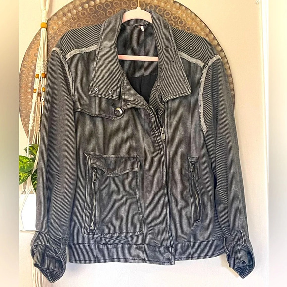 Free People Railroad Stripe Knit Gray Charcoal Moto Jacket Asymmetrical Sz XS - Picture 1 of 5